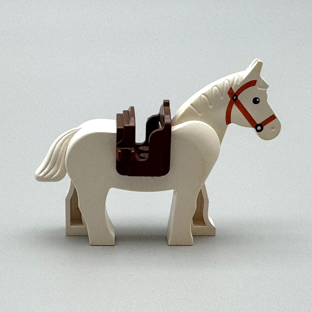 LEGO White Horse Minifigure Animal Dark Orange Bridle Pattern Brown Saddle